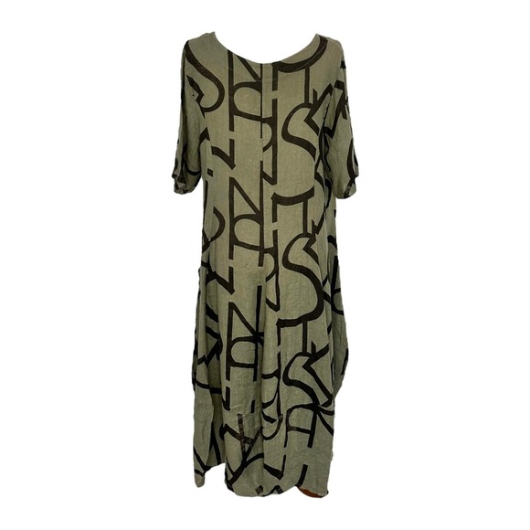 Women's Linen Midi Dress Green Olive Size M NWT Typography Print - Picture 3 of 3